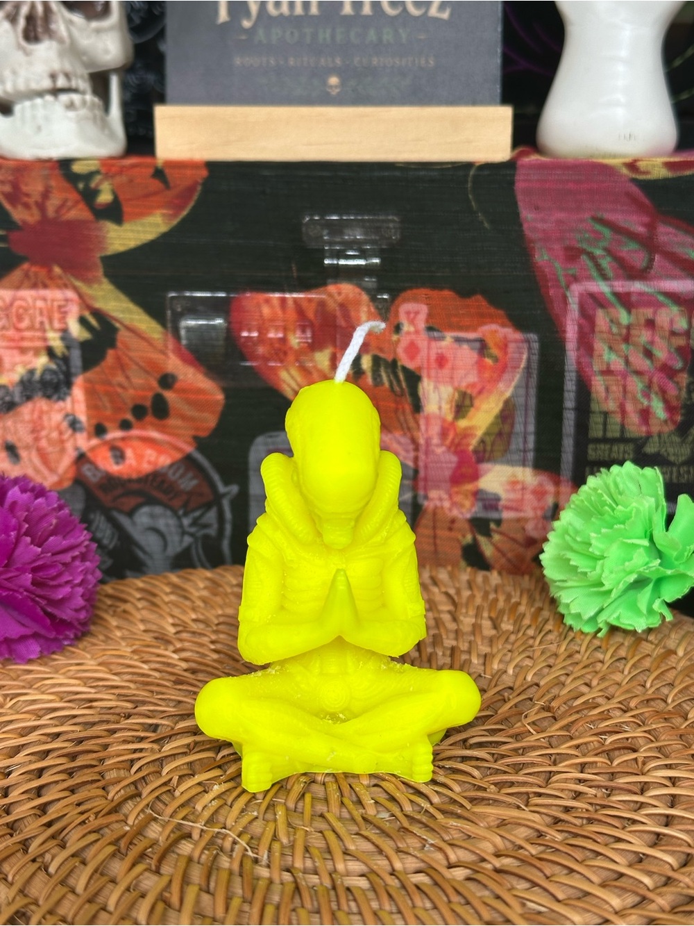 Handmade Neon Yellow Praying Alien Candle – Meditation Figure